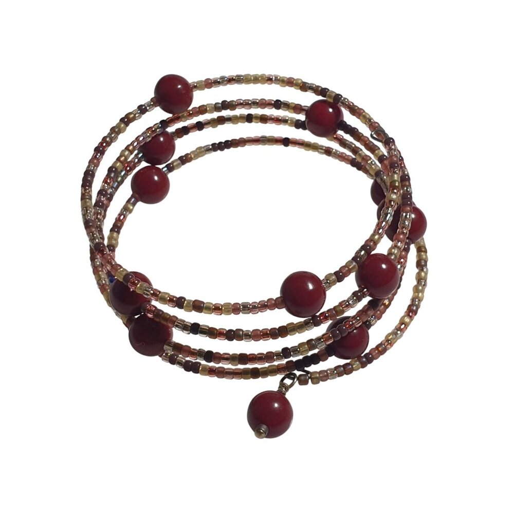 Beaded Wire Wrap Bracelet Multicolor Glass Beads Handmade Adjustable Coil Boho